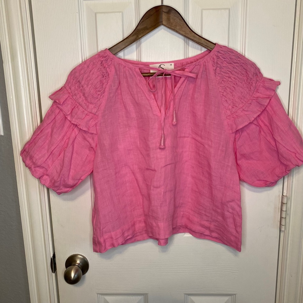 Self Contrast Barbie Pink 100% Linen Smocked Ruffle Puff Sleeve Crop Blouse XS‎